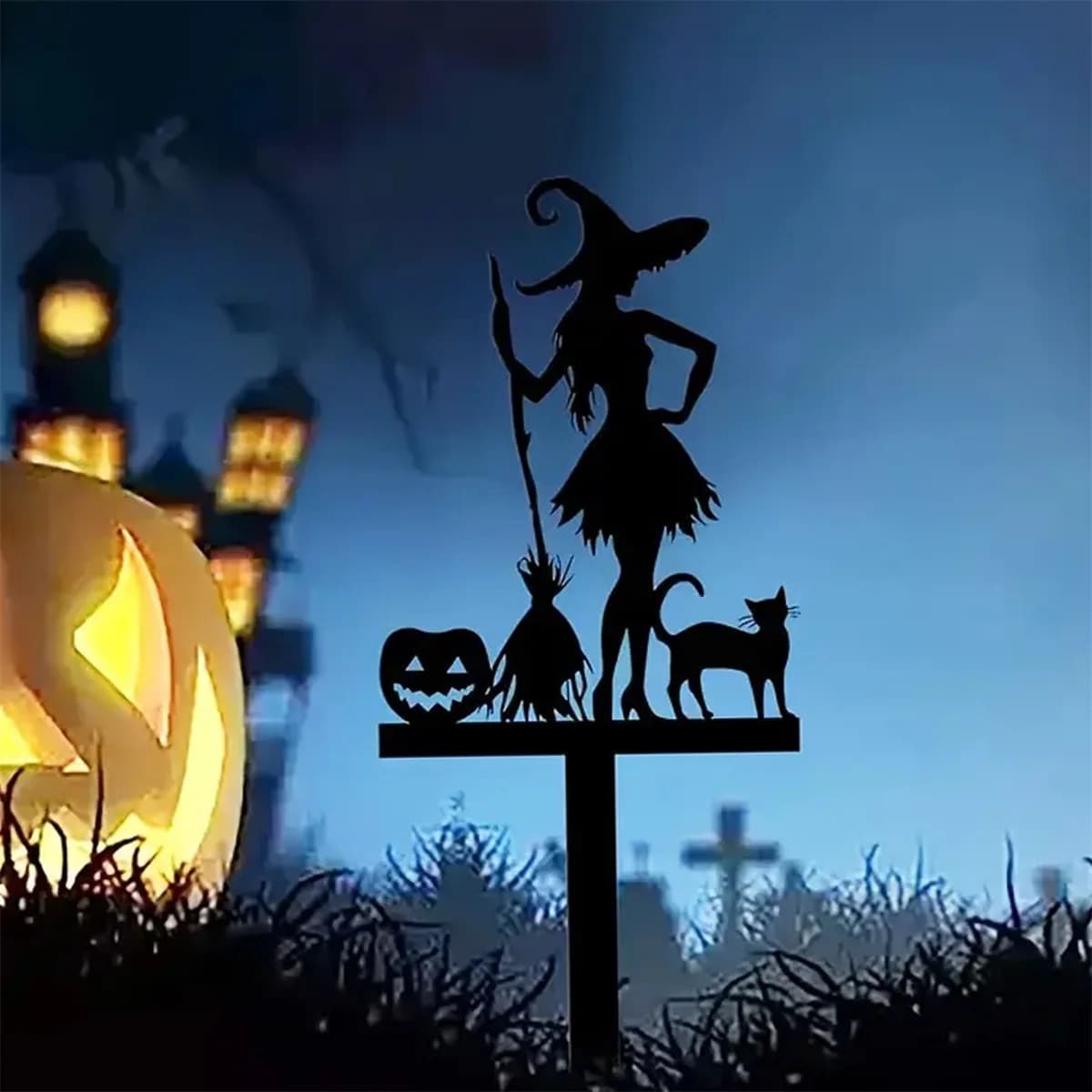 Palo da giardino in metallo da strega di Halloween da 1 pezzo con zucca e gatto nero - Decorazione da giardino per esterni spettrale, decorazione per prato resistente