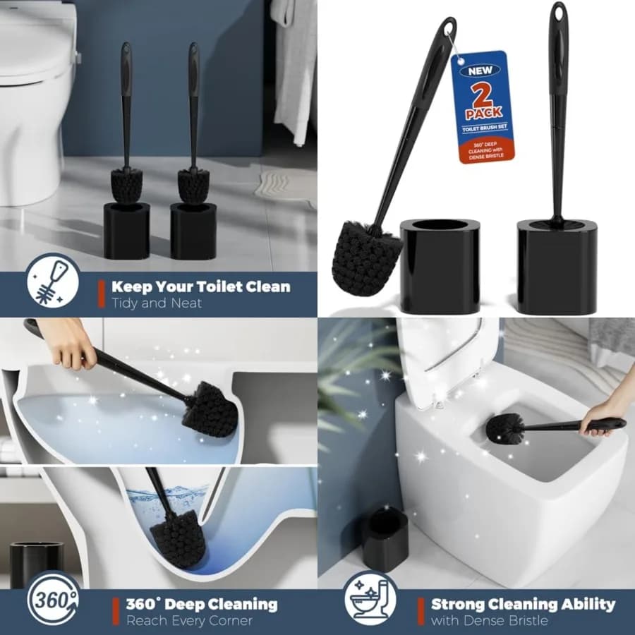 Set di 2 Spazzole per WC con Supporto, Accessori per Bagno, Spazzola e Porta Spazzola per WC, Nero