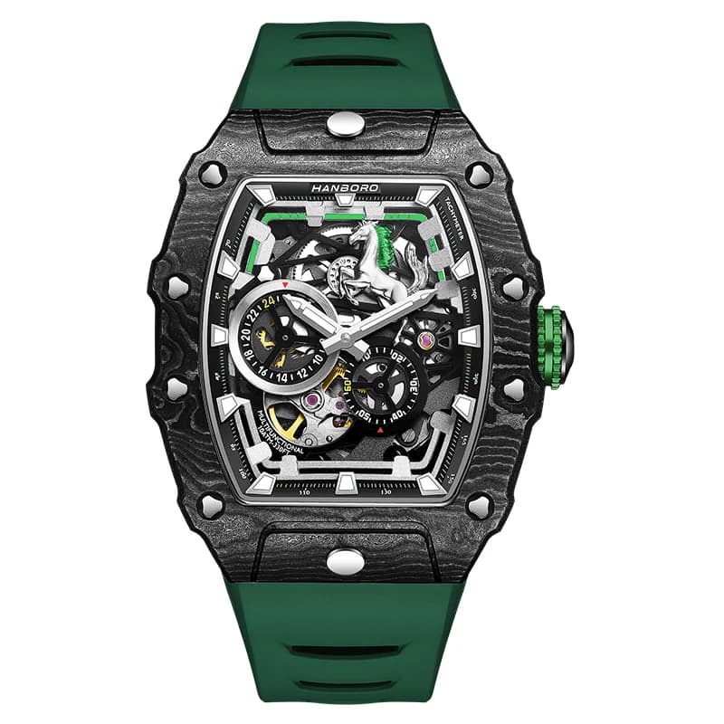 HANBORO Men Automatic Watch 50mm Mechanical Wristwatch Luminous Tonneau Case Waterproof Carbon Fiber Bezel Miyota 82S7