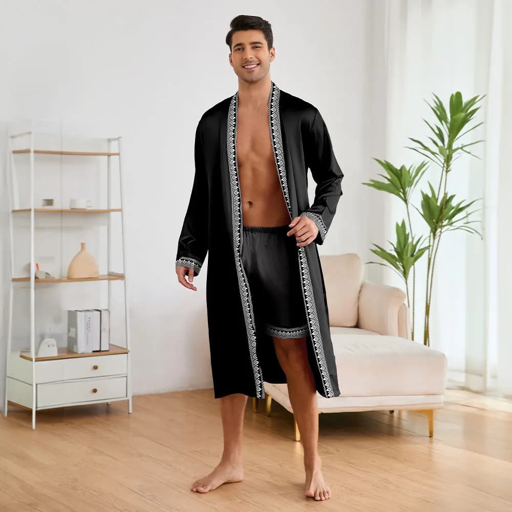Summer men's pyjamas 2 pieces shorts dress set kimono in satin ice bathrobe dress wide dress for home pajamas