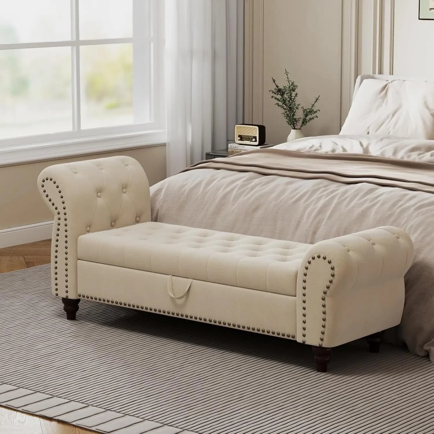 Panca contenitore imbottita in velluto trapuntato da 64,5 pollici, chaise longue imbottita con gambe in legno massello, braccioli, per ingresso, King Size, personalizzabile