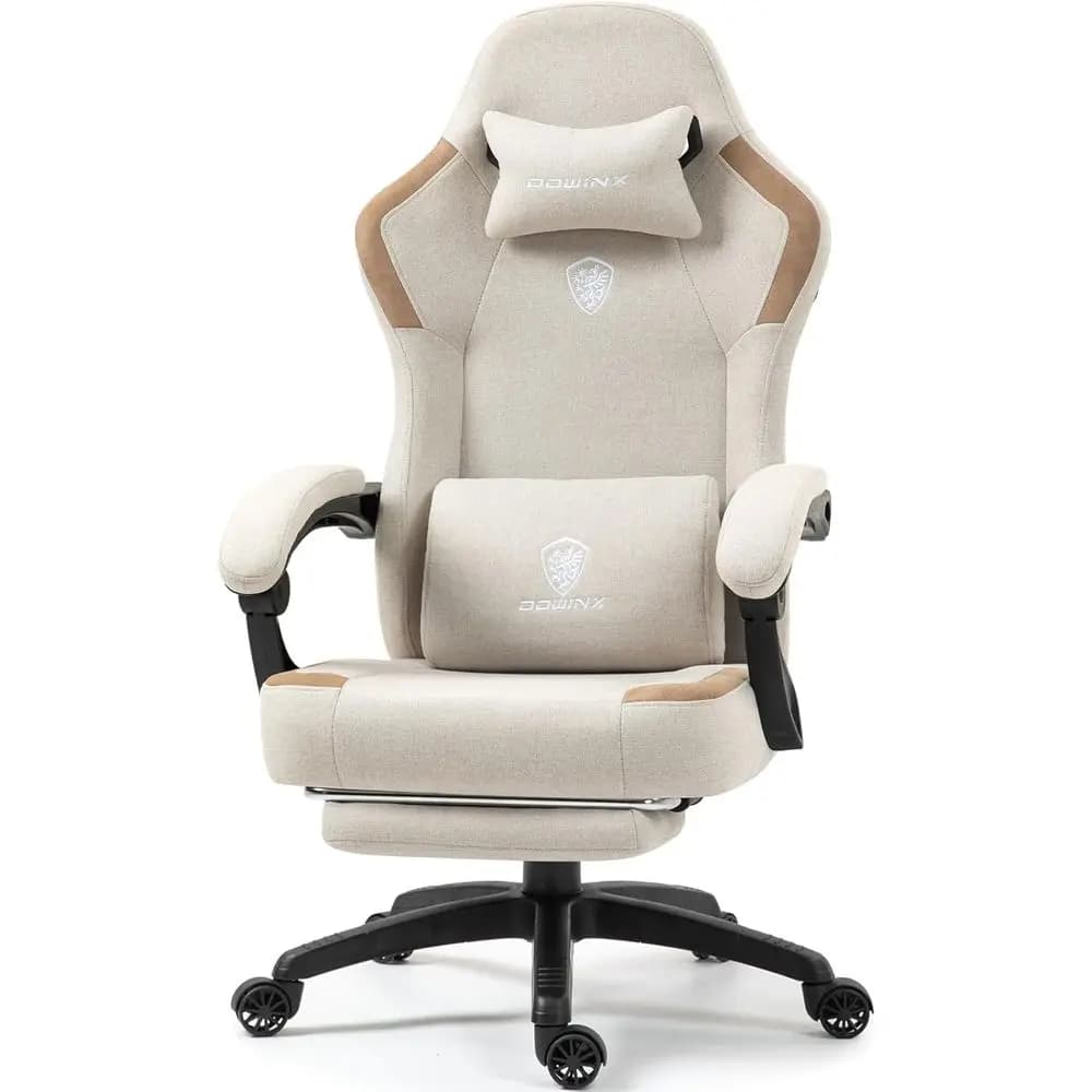 High-Back Breathable Gaming Chair with Lumbar Massage and Footrest, Beige