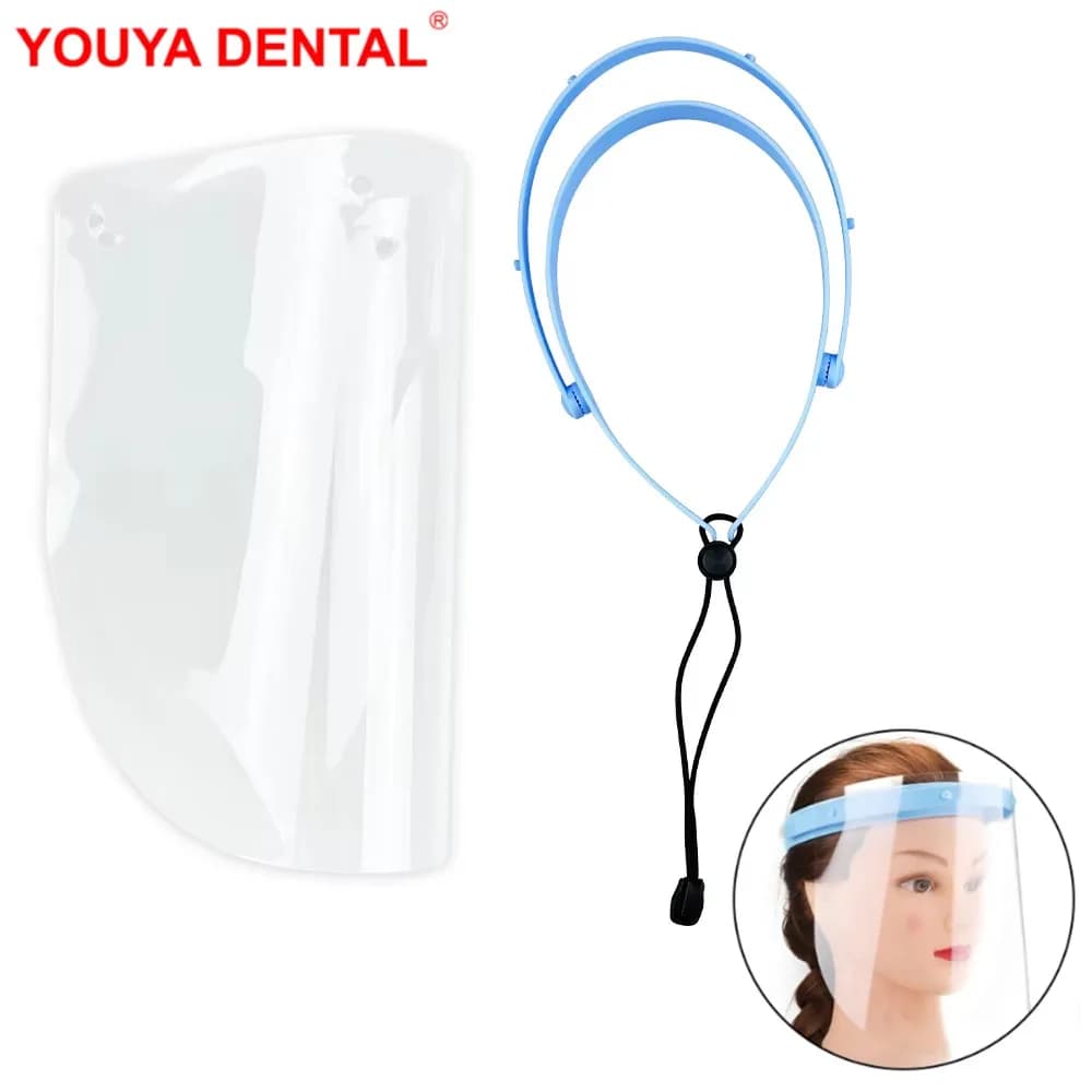 Visiera protettiva dentale trasparente 1 ripiano + 10 scudi Maschera antiappannamento regolabile Maschere per il viso antipolvere a prova di nebbia di olio di fumo