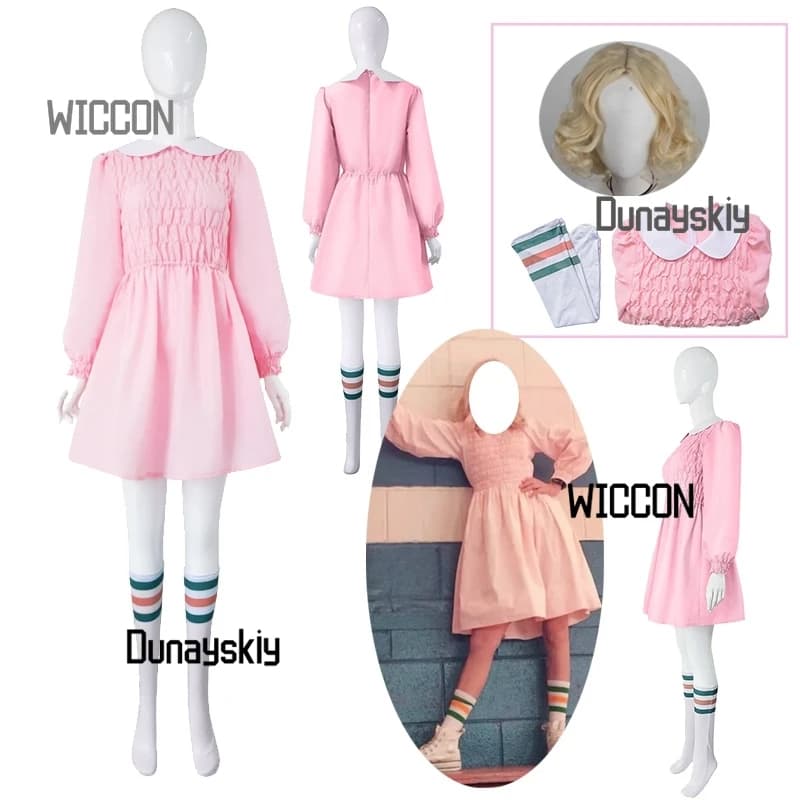 New Women's Cosplay Costume for Film TV, Eleven Wig, Pink Dress, Gonna, Socks, Golden Ricci Court Hair for Party, Daily Use and Carnival