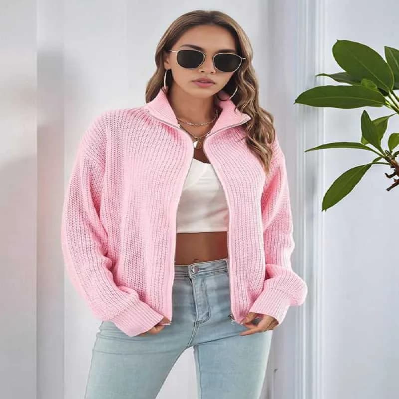 Women'S Turtle Neck Long Sleeve Knitted Cardigan Autumn and Winter Loose Knitted Cardigan with Zipper