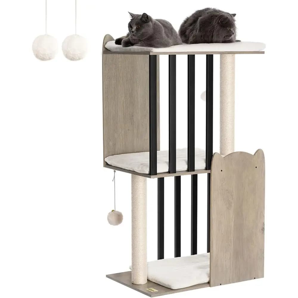 oururPets Tiragraffi per Gatti a 3 Livelli da 111 cm, con Cuccia, Posti di Tiragraffi per Gatti da Interno, Grande Piatto, Due Tiragraffi in Sisal da 50 cm