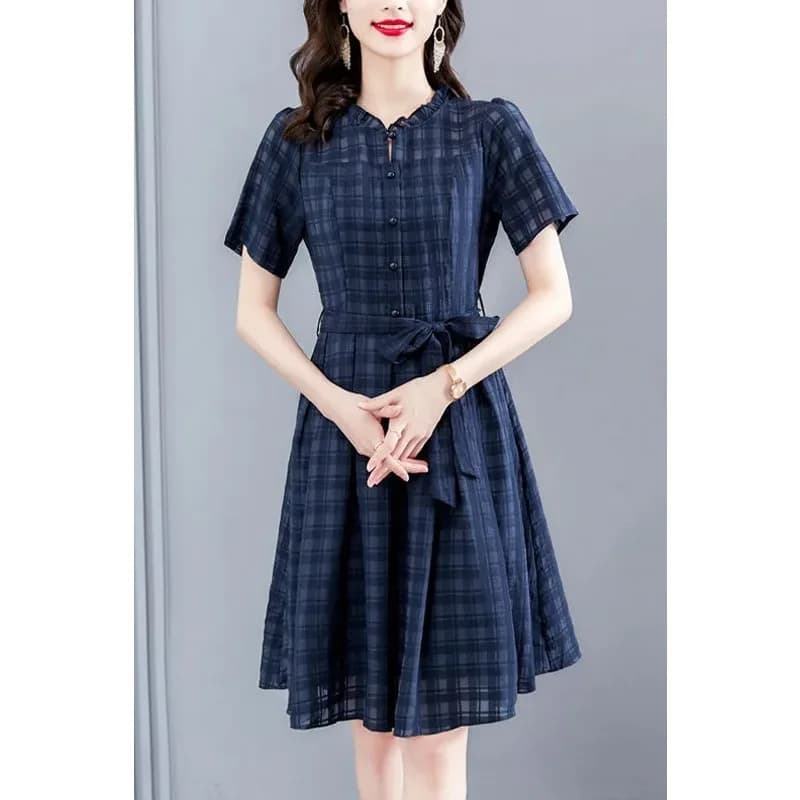 Fashionable Stand Collar Dress 2025 New Short Sleeve Waist Plaid Print Button Splicing Lace Up Elegant Dress