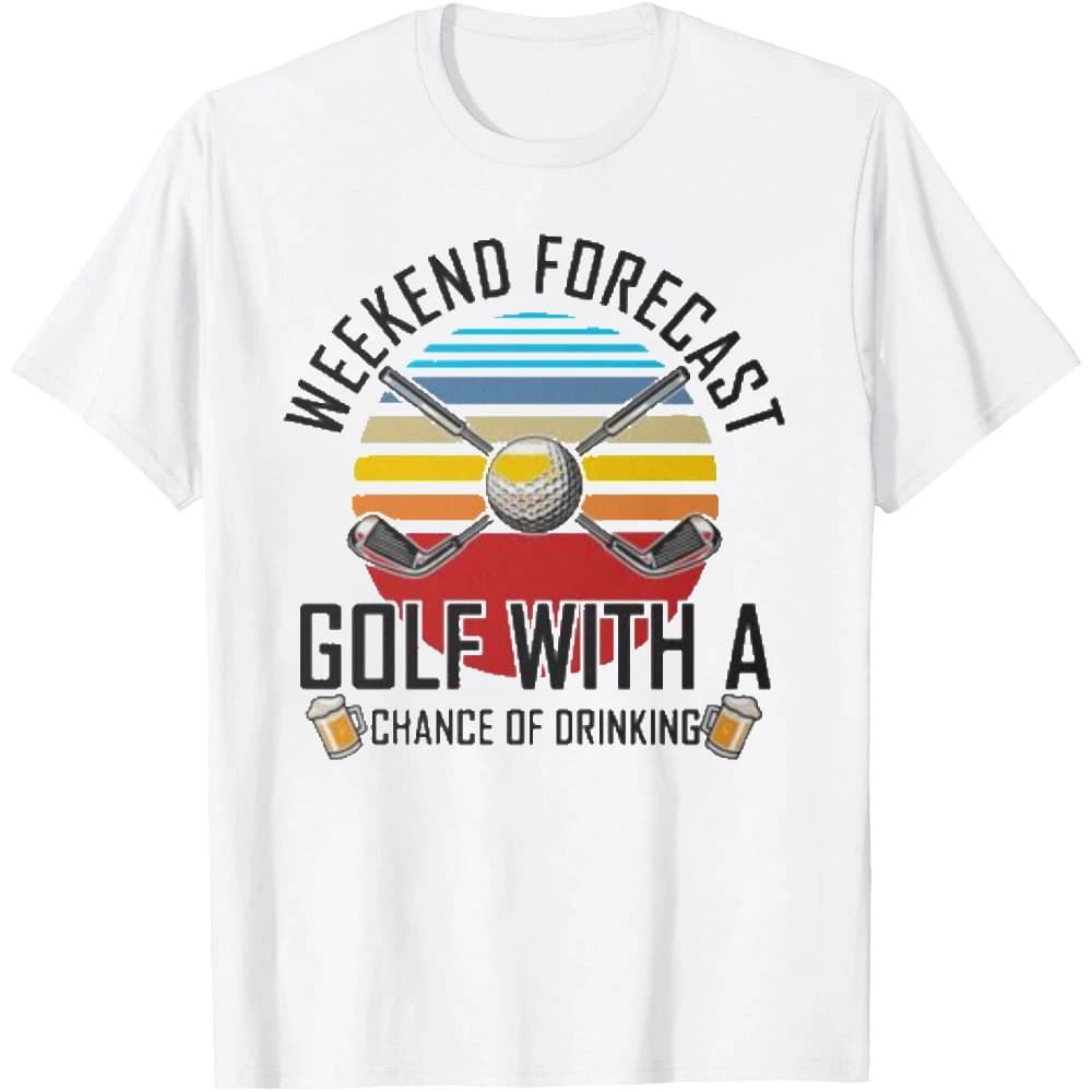 Weekend Forecast Golf With A Chance Of Drinking Retro Sunset Golf Ball Men Summer T Shirt Golfer Beer Lover Casual Short Sleeve