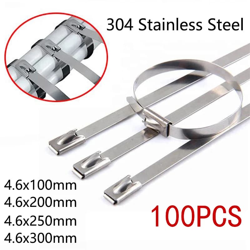 100Pcs 304#Stainless Steel Cable Ties 4.6mm Heavy Duty Self-Locking Cable Zip Tie Multi-Purpose Metal Exhaust Wrap Locking Ties
