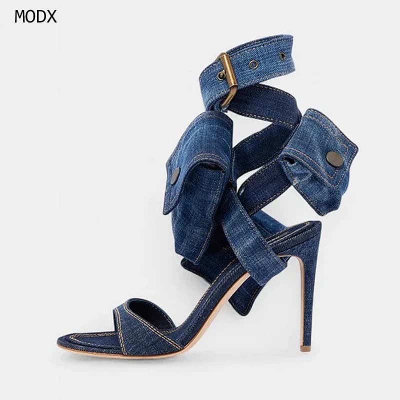 2026 Blue Denim Pockets Design Open Toe Sandals Buckle Strap Women Shoes Thin High Heels Party Feast Dating Zapatos Para Mujere