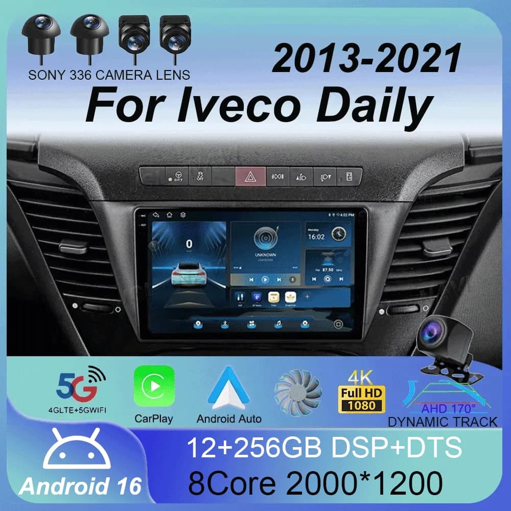 Autoradio Android 16 con Lettore Multimediale Video per Iveco Daily 2013-2021, Navigatore GPS, Bluetooth, CarPlay, QLED 2 Din
