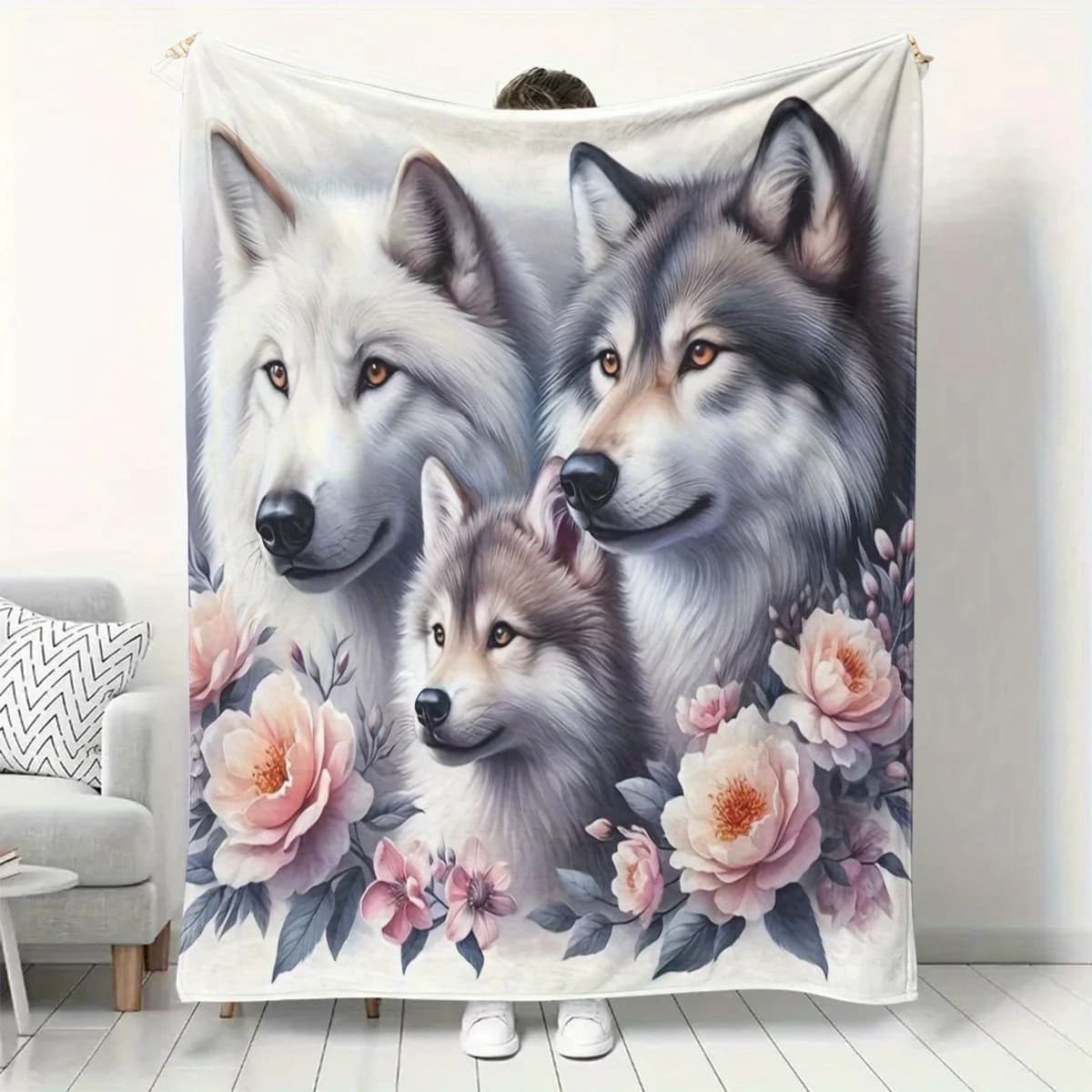 Elegant Wolf Family Portrait Blanket Adult Wolves And Puppy Surrounded By Blooming Peony Flowers Soft Flannel Throw Blanket