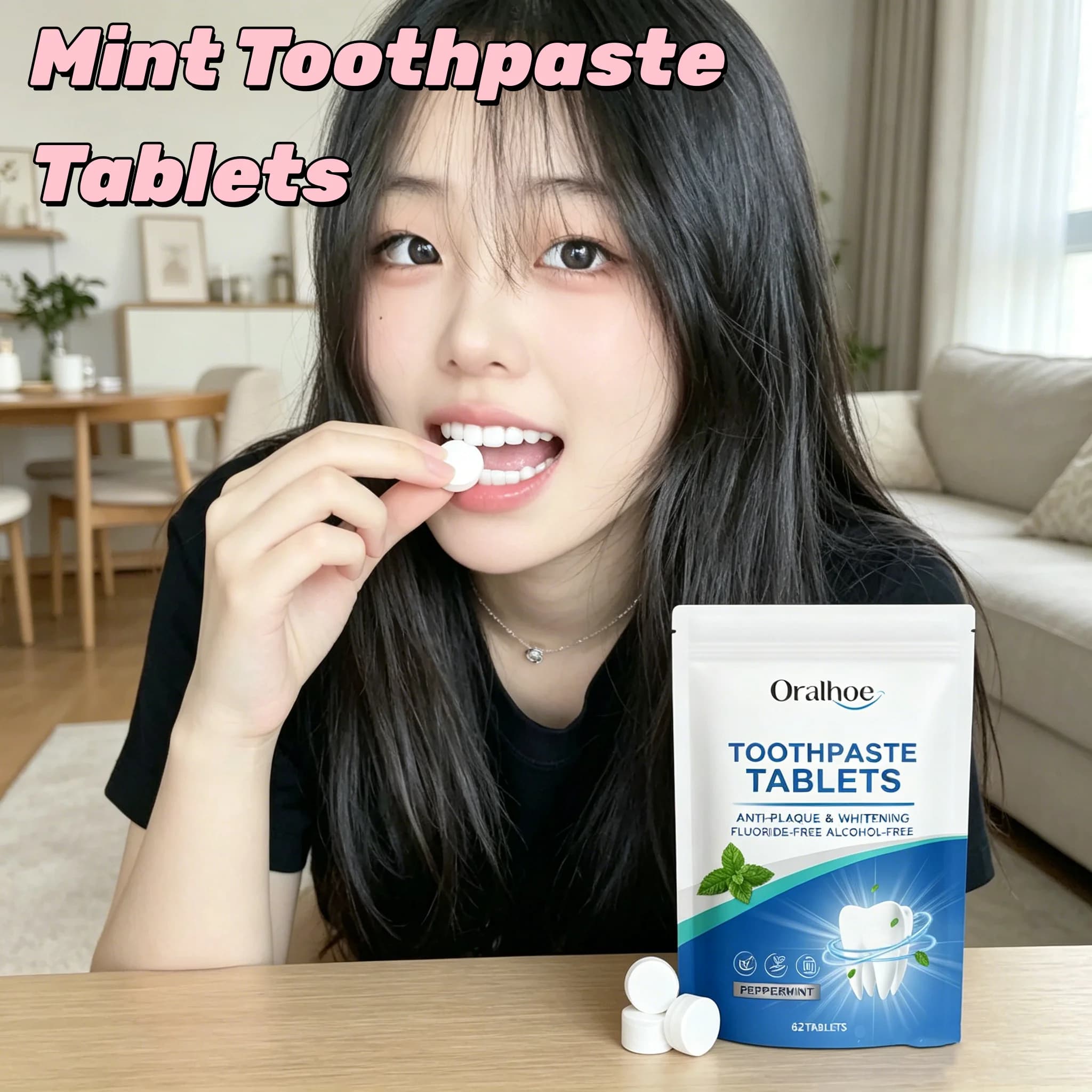Dentifricio Tablets Masticabili alla Menta Fresca, Natural Tooth Whitening, Smoke and Coffee Macchie Removal, Fresh Food, Solid Tablets for Oral Care