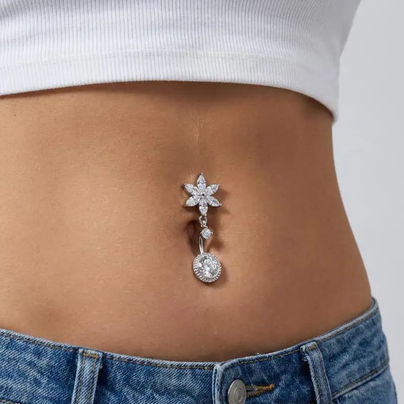 Hypoallergenic Stainless Steel Belly Button Ring With Shiny Flower Heart Dangle Design Perfect For Summer Beach Party Daily Wear