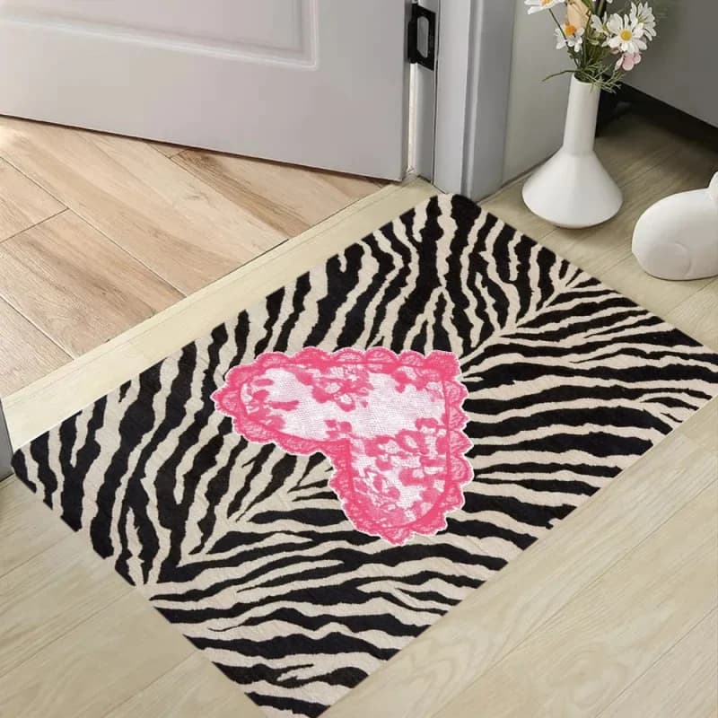 Y2K Zebra Print Pink Lace Heart Area Rug Carpet, Non Slip Floor Mat, Black White Zebra Striped Cute Washable Front Door Doormat