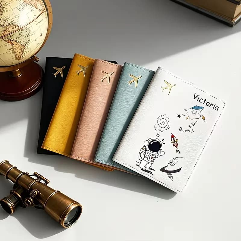 Custom Text Name Fashion Passport Holder, Cute Cartoon Astronaut Design, Flip-Open Style for Easy Use, Travel Essential