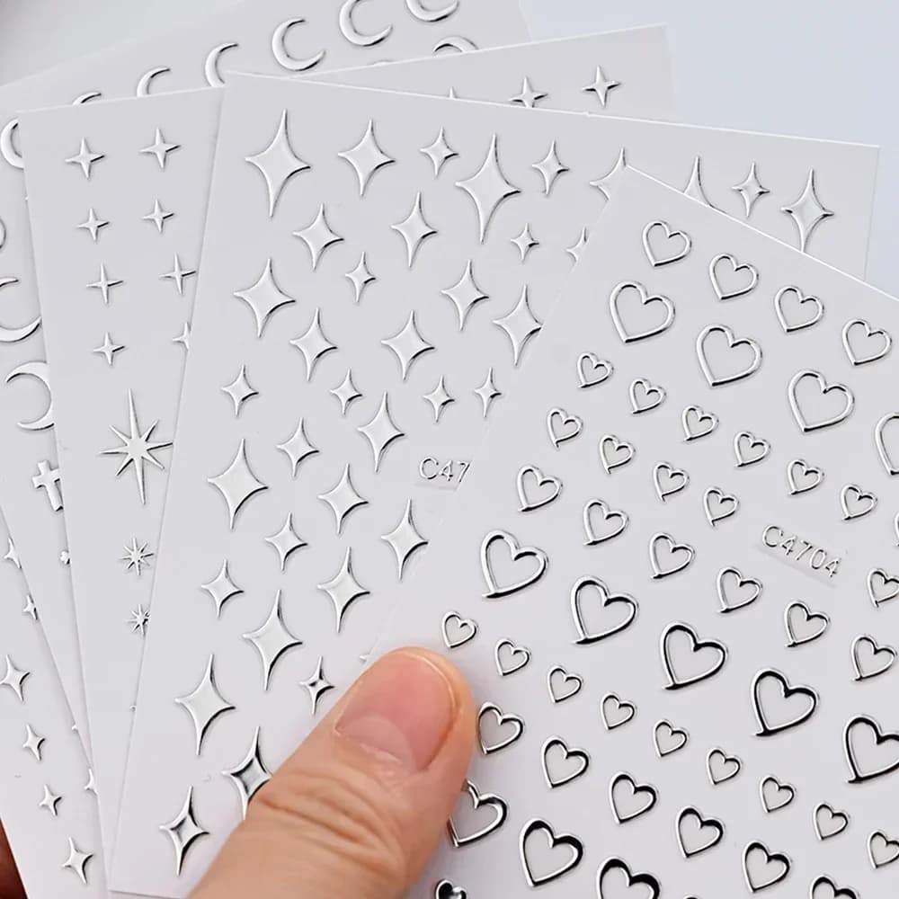 6 Sheets of Silver Metallic Stickers for Nails, 3D Decorations for Star Shape, Stickers for Nail Art, Metal Chain and Heart