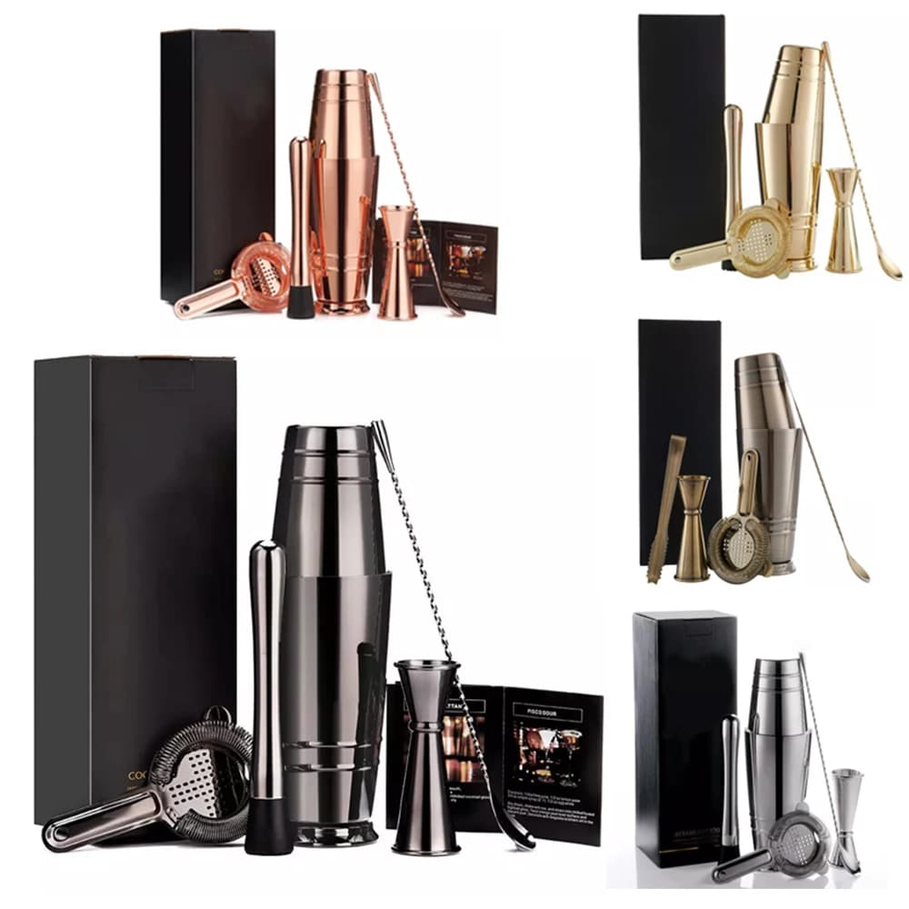 Kit da barista professionale Set da bar shaker per cocktail Boston da 5 pezzi Utensili da bar in metallo in acciaio inossidabile placcato nero da 18 once e 28 once