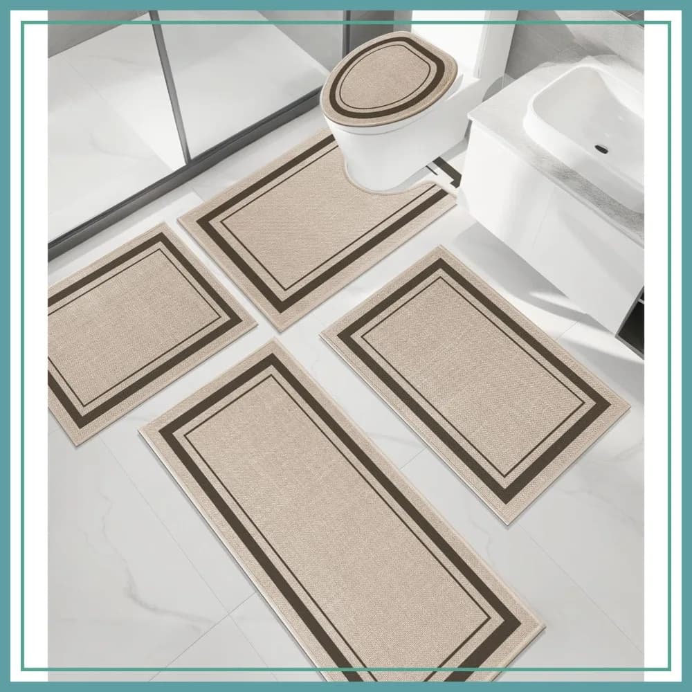 Set di Tappetini da Bagno Ultra Sottili 5 Pezzi, Assorbenti Antiscivolo, Lavabili in Lavatrice, Beige Chiaro, 43x61 cm, 43x76 cm, 43x150 cm