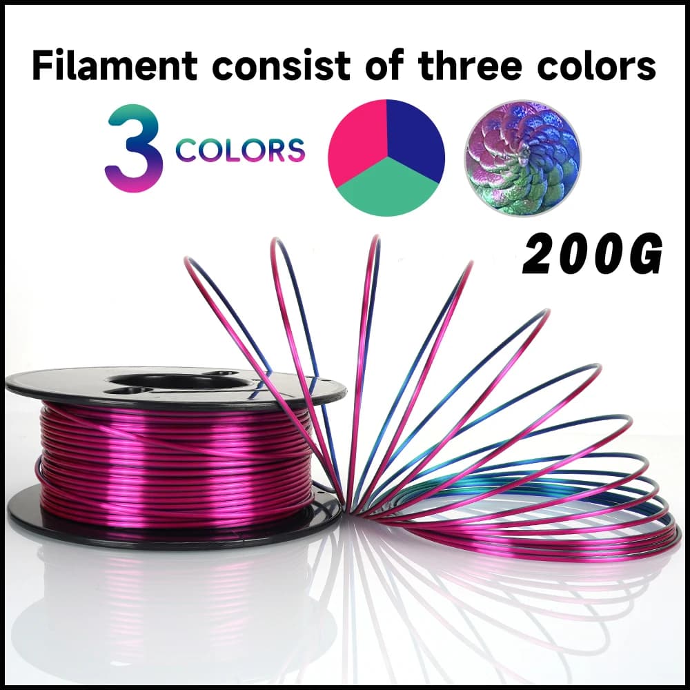 3D Printing Filament 200g Silk Filament 1.75mm 3 in 1 Smooth Multicolor 3D Printing Filament Without Bubbles 0.2KG/roll