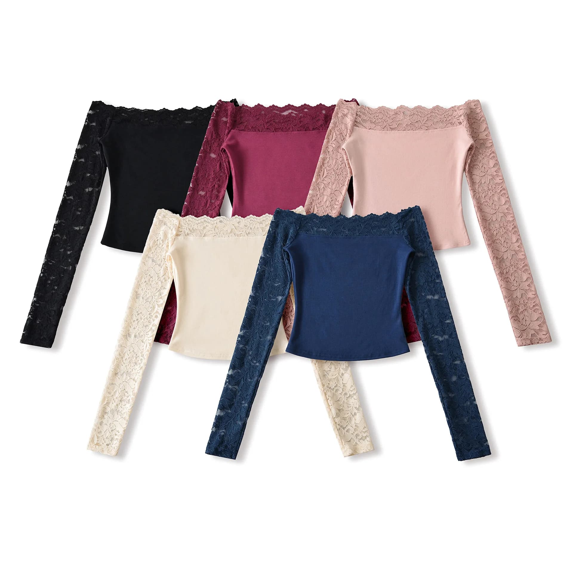 Cross-Border Women's Lace Splice Long Sleeve Top Slim Fit One-Shoulder Autumn Winter New Style T-Shirt Commute Style Polyester