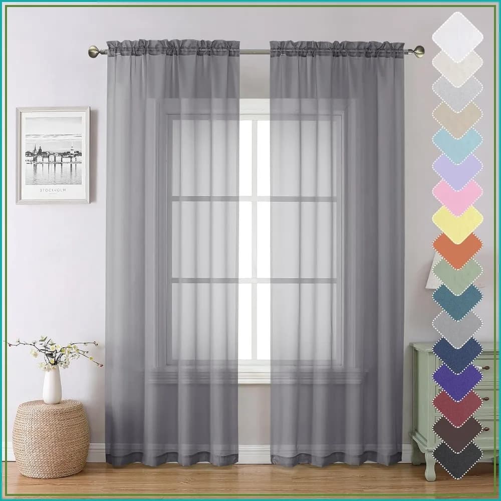 Charcoal Grey Sheer Curtains 84" Long 2 Panels, Light Filtering Voile Drapes for Living Room, Rod Pocket, 40"W Each