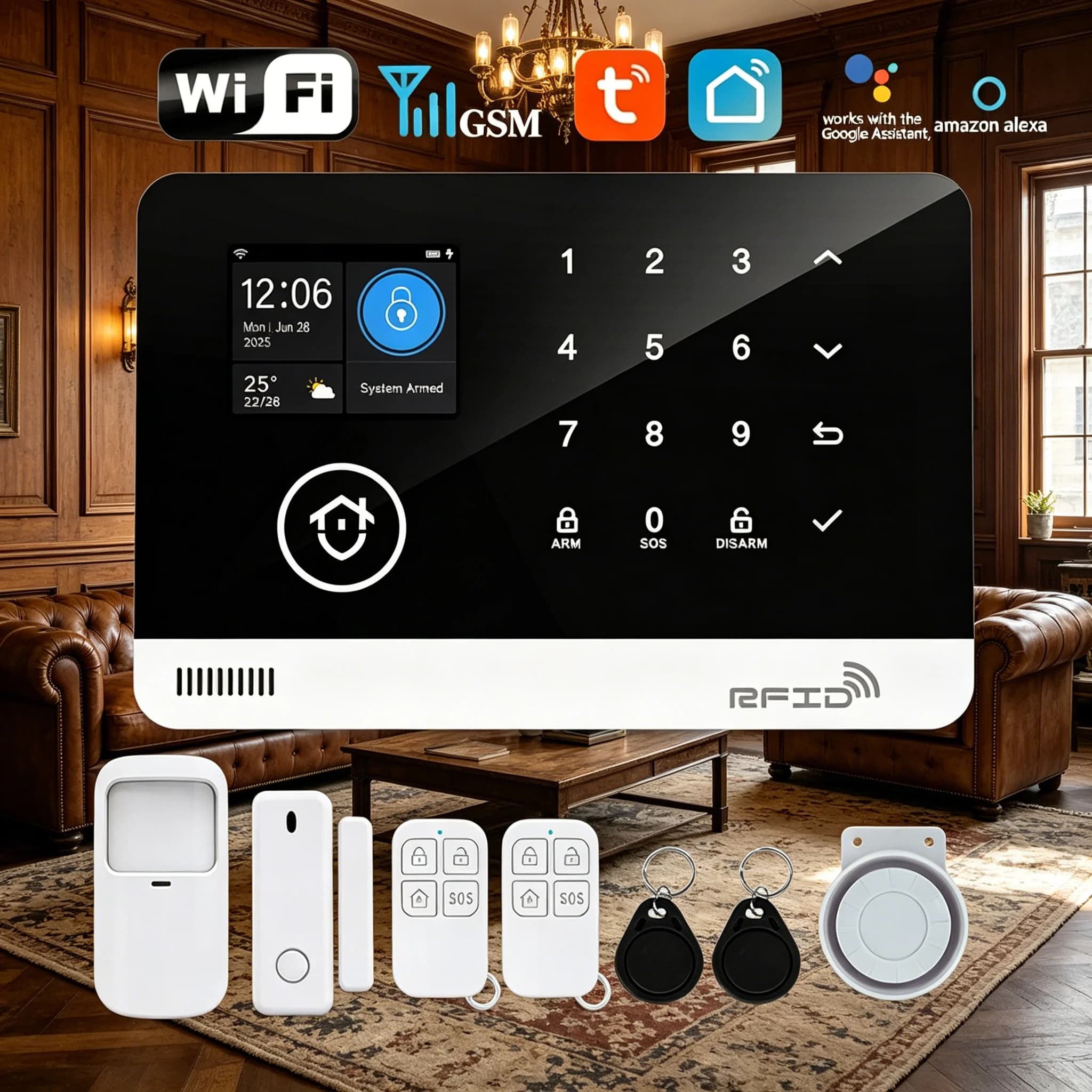 Kit Allarme Smart WiFi GSM Tugard per Sicurezza Domestica, Compatibile con Alexa, Sirena 120dB, Rilevatore di Movimento e Telecomando, Kit 8 Pezzi
