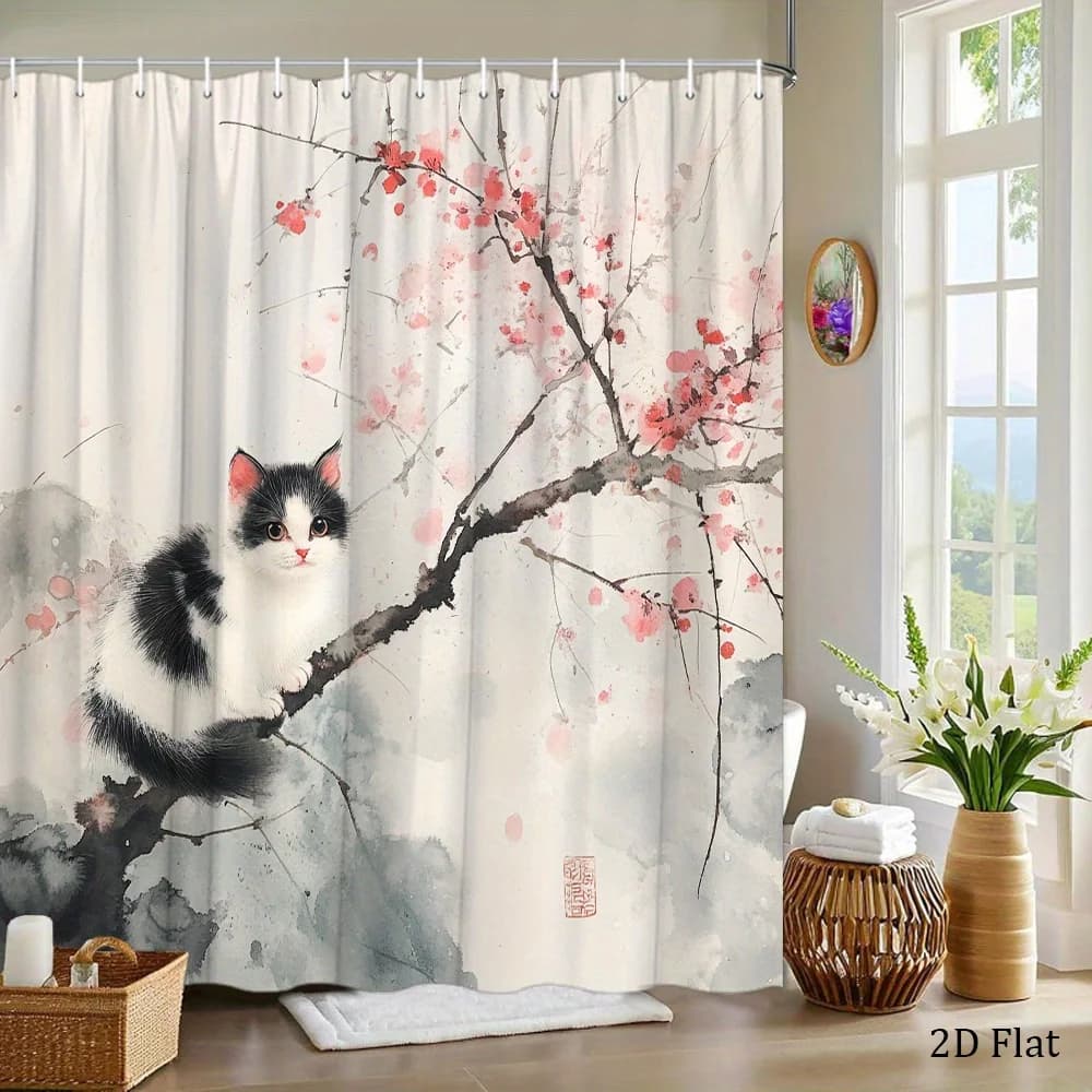 Tenda da doccia in bianco e nero con motivo gattino e fiori di ciliegio, tessuto in poliestere lavabile in lavatrice, decorazione bagno.