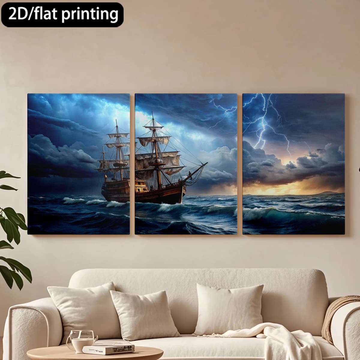 Dipinto decorativo su tela con cornice in legno, 3 pezzi. Nave a vela classica, mari tempestosi, tuoni. Decorazione per corridoio e camera da letto.