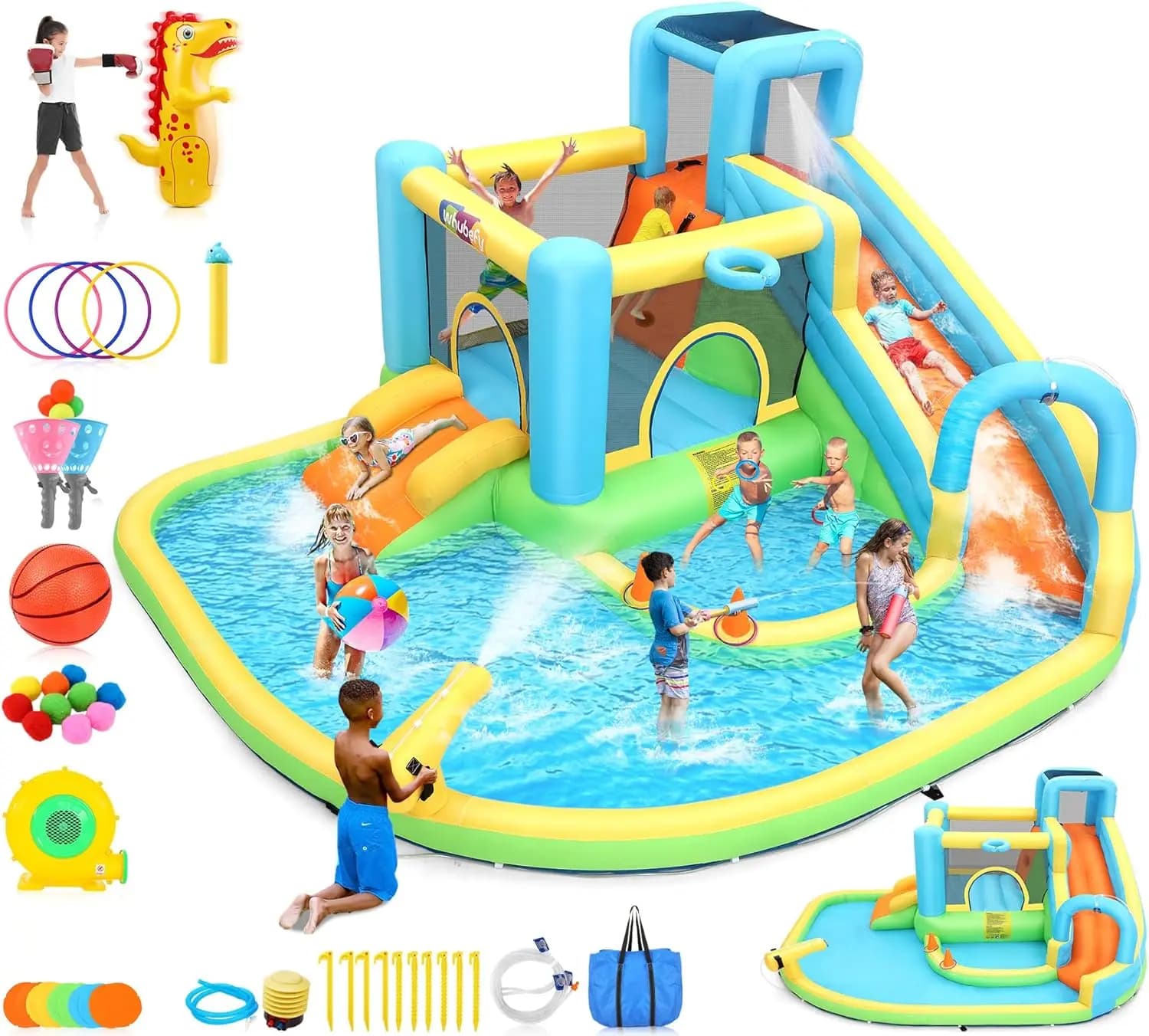 12.8x12FT Water Bounce House for children 3-12, inflatable water park 13 in 1 with Set of catching balls/bags/drop rings/water immersion