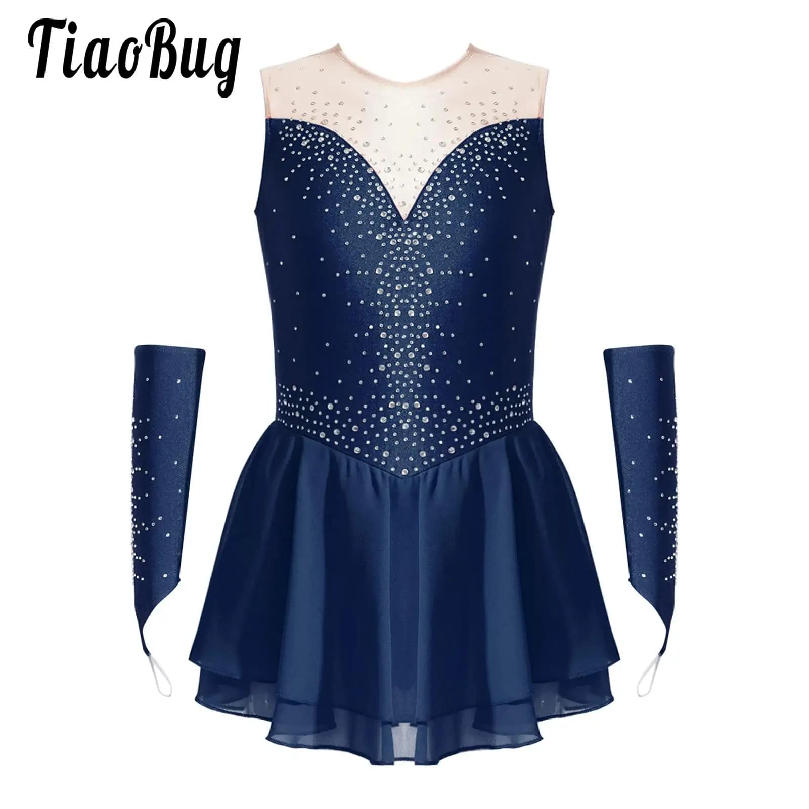 Vestito da pattinaggio di figura per bambina, costume da spettacolo di danza lirica, ginnastica, strass, senza maniche, body con guanti