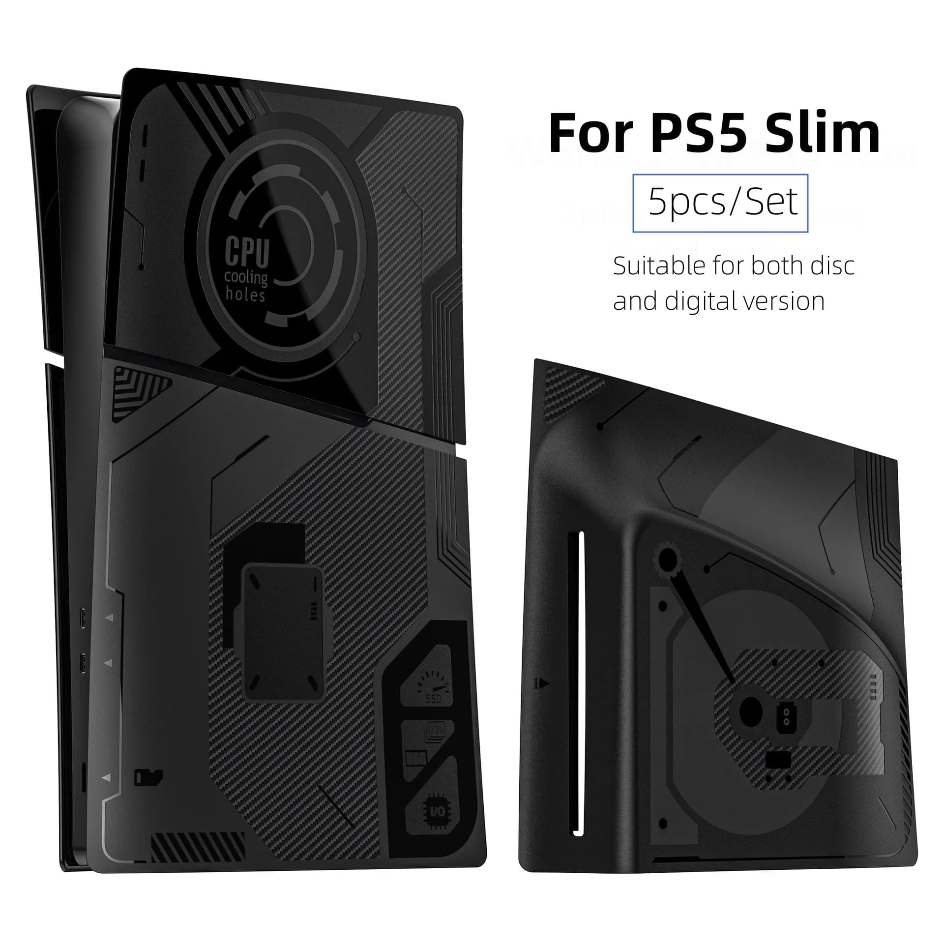 Piastra frontale da 5 pezzi compatibile con dischi PS5 Slim e piastre di copertura edizione digitale CPU sostitutiva Accessori per console con guscio nero