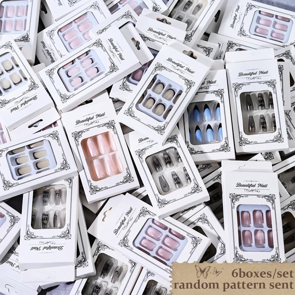 6 scatole/144 pezzi stile misto casuale breve rotondo stampa sulle unghie dolce copertura completa staccabile unghie finte artificiali suggerimenti manicure fai da te