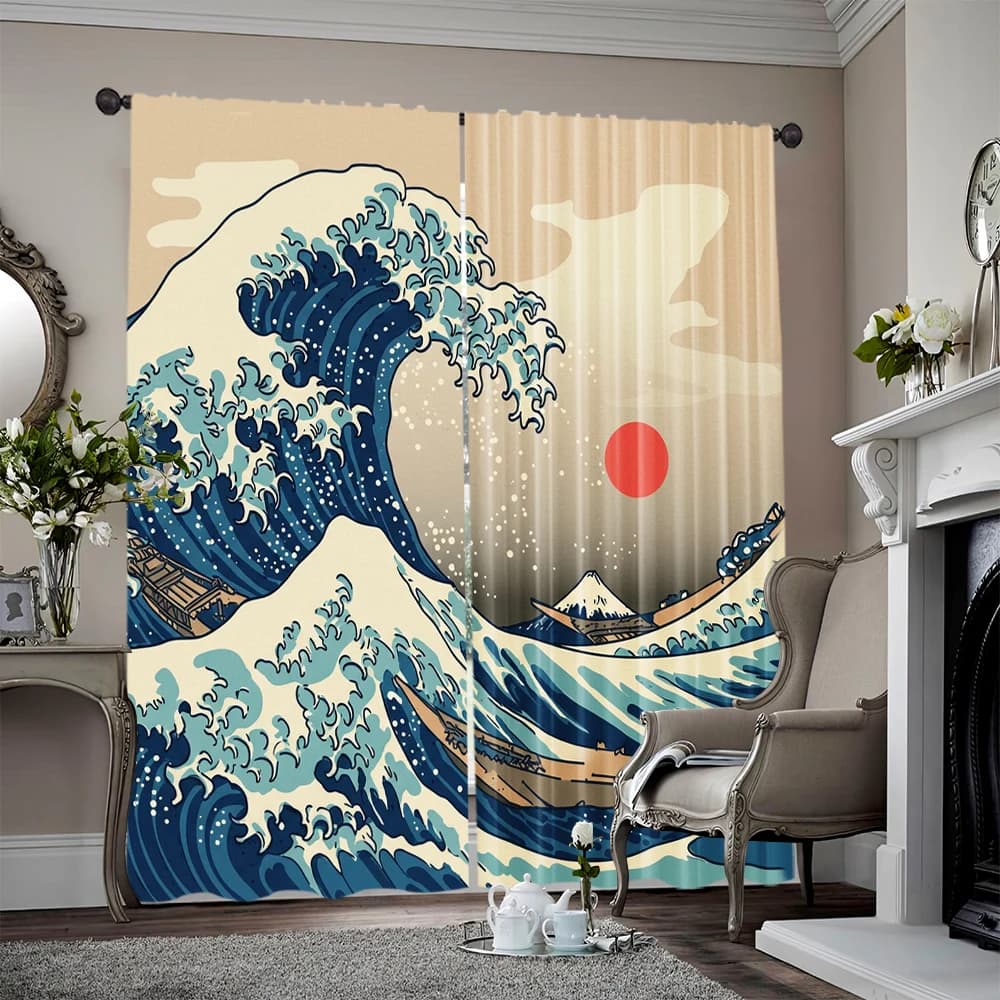 2pcs, spring summer Curtains Japanese Wave Art Art Digital Print Drapes Fabric Gifts for Bedroom & Living Room - Contemporary