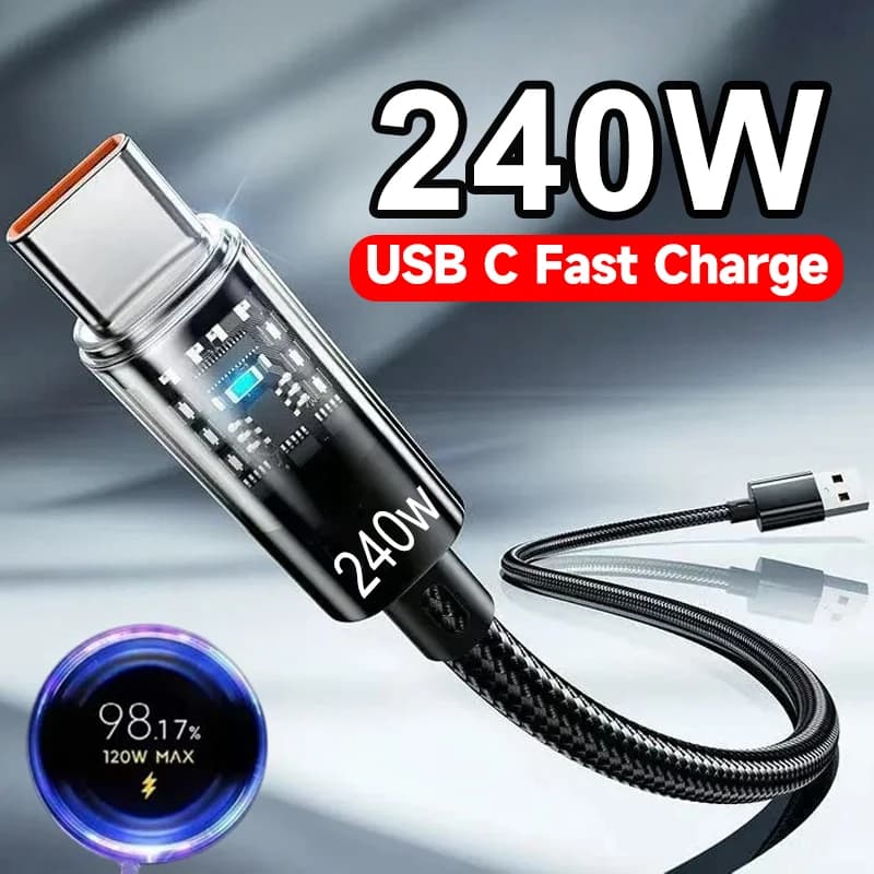 Cavo USB Type C in nylon da 240W con ricarica super rapida, display digitale a LED, cavo dati per ricarica rapida per Samsung, Xiaomi, Huawei, Honor