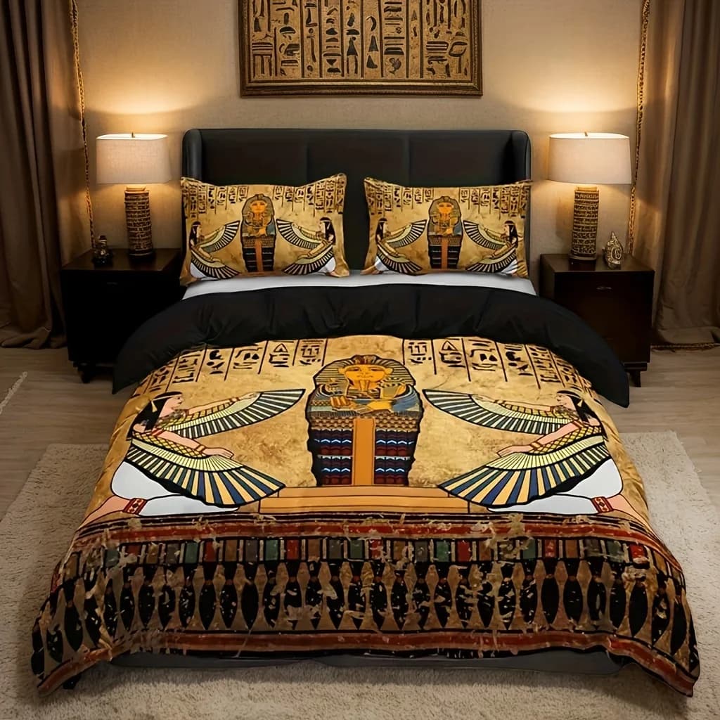 Design Senza Tempo, Set Copripiumino 3 Pezzi con Tema Faraone Egizio (1 Copripiumino + 2 Federe, Imbottitura Non Inclusa), Biancheria da Letto Stampata in HD Morbida e Traspirante, Copripiumino e Federe Morbidi e Traspiranti, Lavabile in Lavatrice