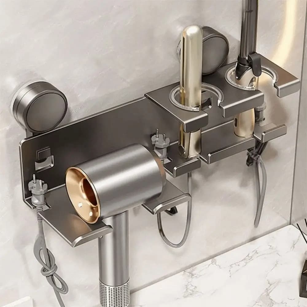 Aluminum Alloy Suction Cup Hair Dryer Holder Wall Mounted Large Capacity Hair Dryer Storage Rack Space Saving Punch Free