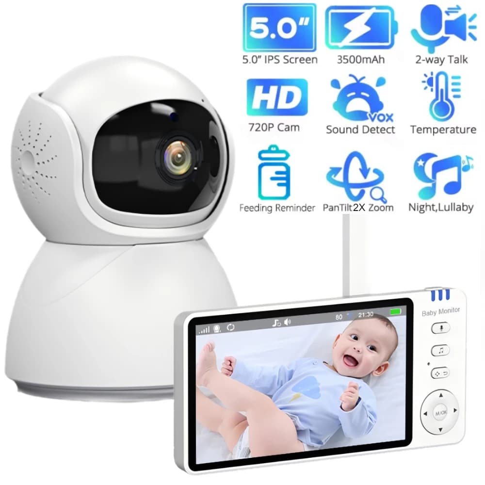 Baby monitor video da 5 pollici con zoom 2X Telecamera PTZ Wireless Babysitter Temperatura Ninna nanna Telecamera elettronica di sicurezza per bambini