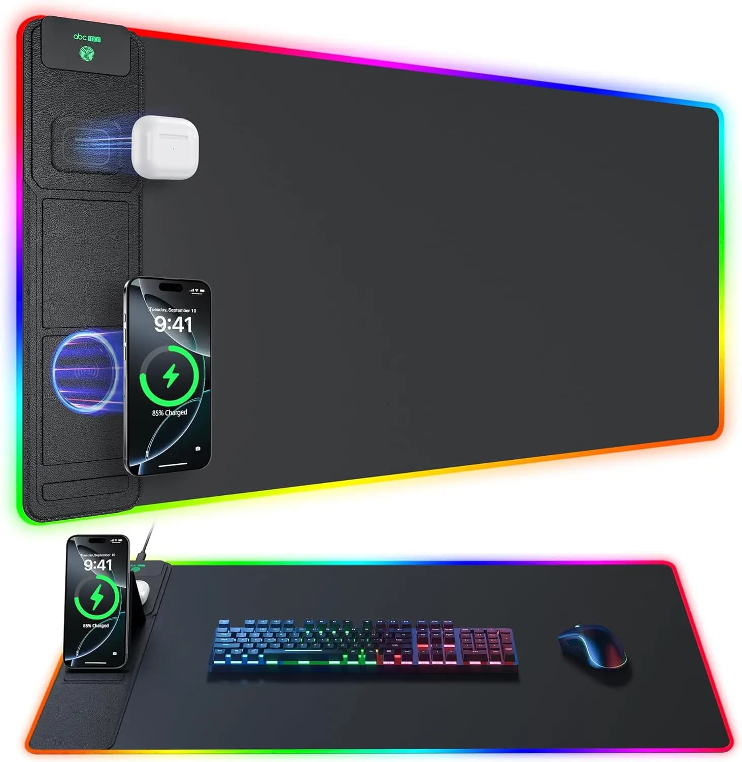 Tappetino per Mouse da Gaming 4-in-1 RGB con Ricarica Wireless, Supporto per Telefono, Formato Grande, 24 Effetti Luminosi
