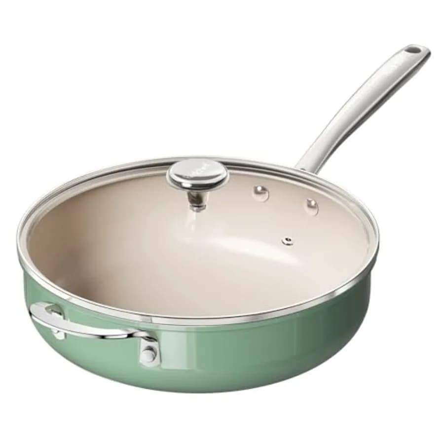 Padella in Ceramica con Coperchio, Antiaderente, Profonda, 5QT, Pentola Jumbo con Manico Ausiliario e Coperchio, Padella da Cucina in Ceramica Non Tossica