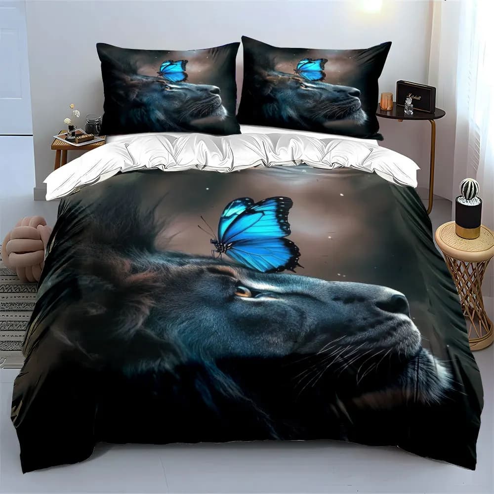 Set decorativo con leone e farfalla, set di biancheria da letto morbido e delicato sulla pelle, include 1 copripiumino e 2 federe, regalo