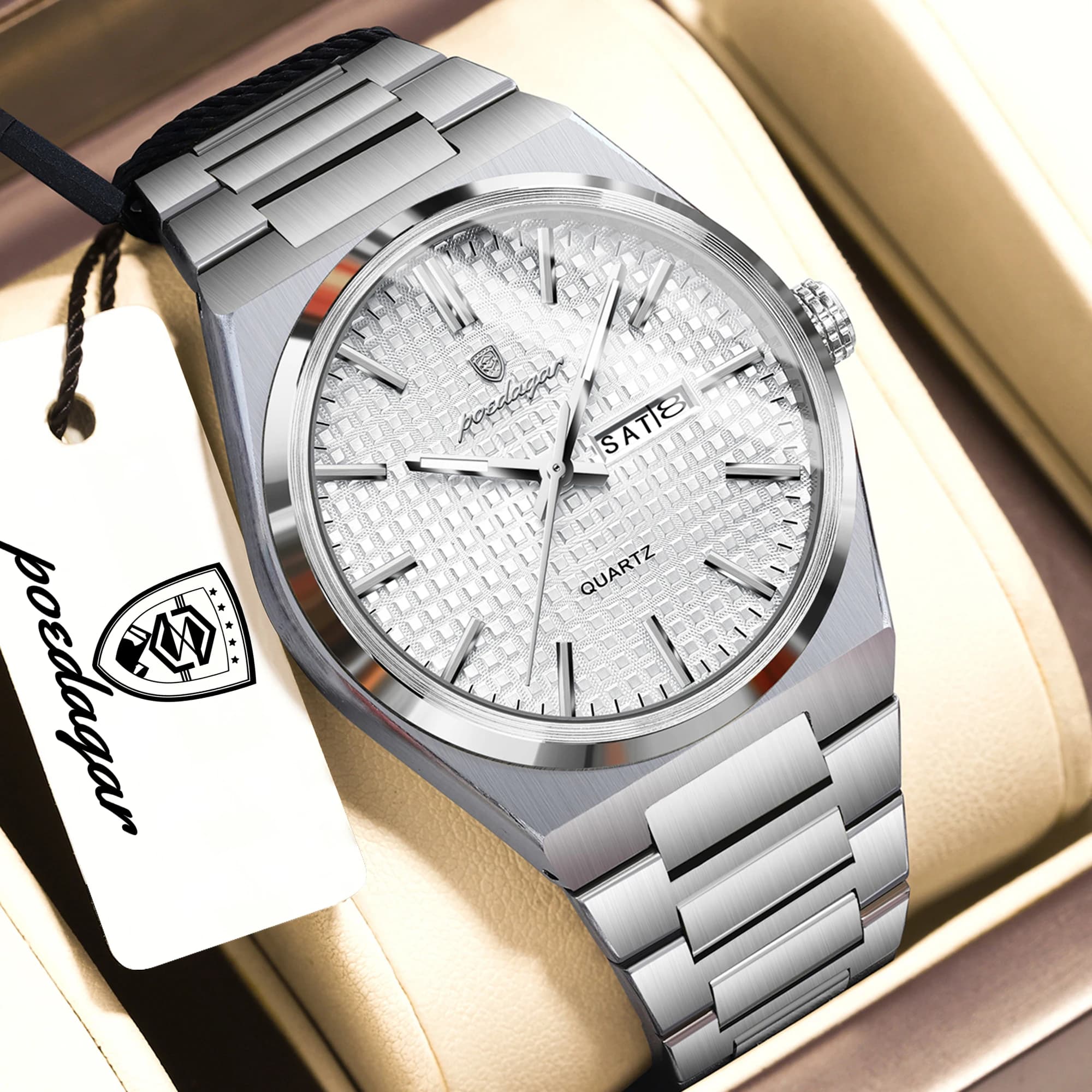 POEDAGAR Fashion Men Clock Luminous Waterproof Stainless Steel Man Wristwatch Date Week Business Quartz Men's Watches Male Reloj