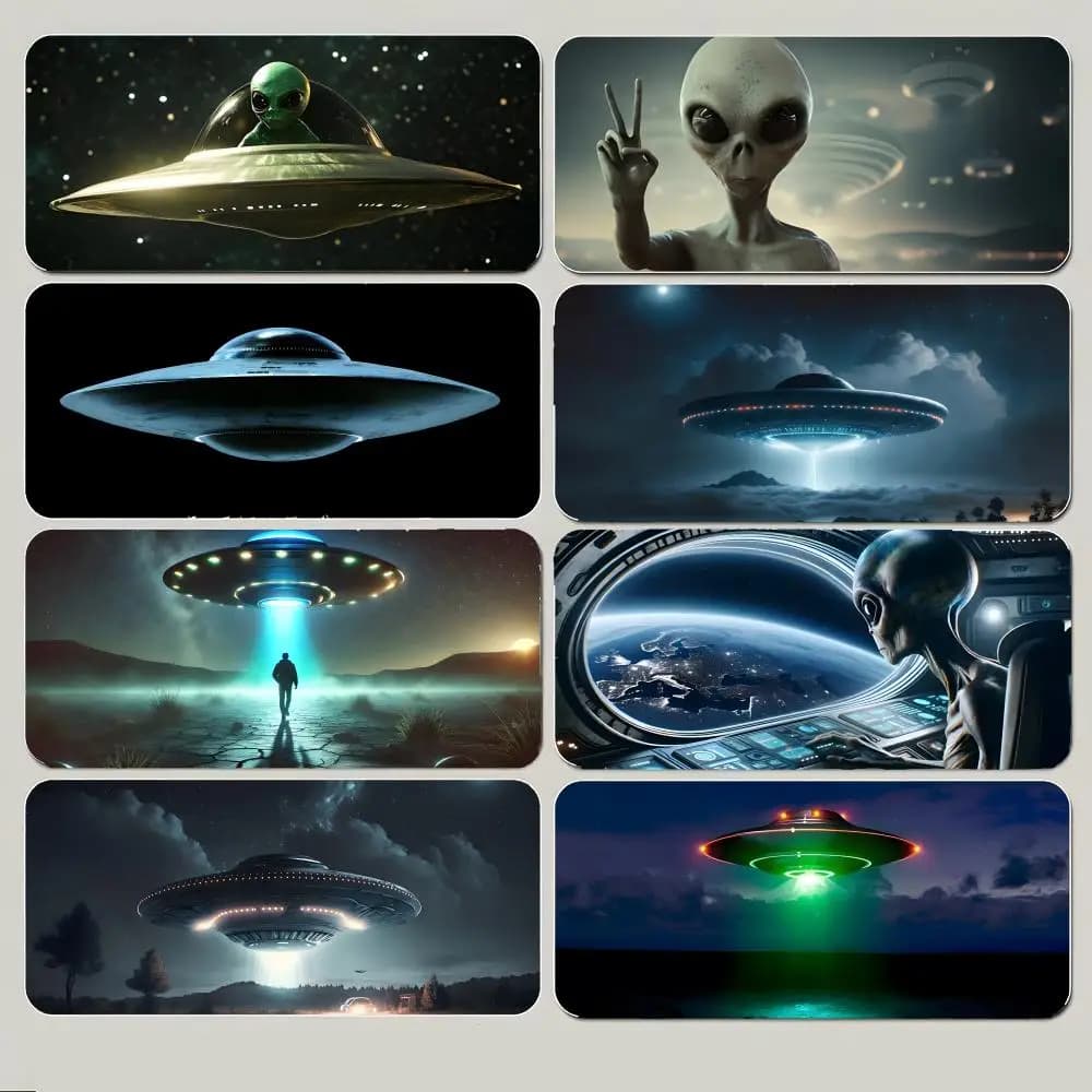Tappetino per mouse grande da gaming con motivo artistico futuristico misterioso U-UFO Encounter, con bordo cucito spesso e antiscivolo