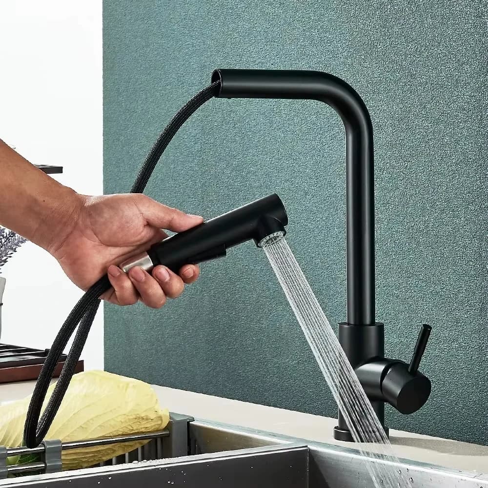 Rubinetto da cucina estraibile nero opaco, due modelli, con doccetta spray, in acciaio inossidabile, miscelatore acqua calda e fredda, da piano