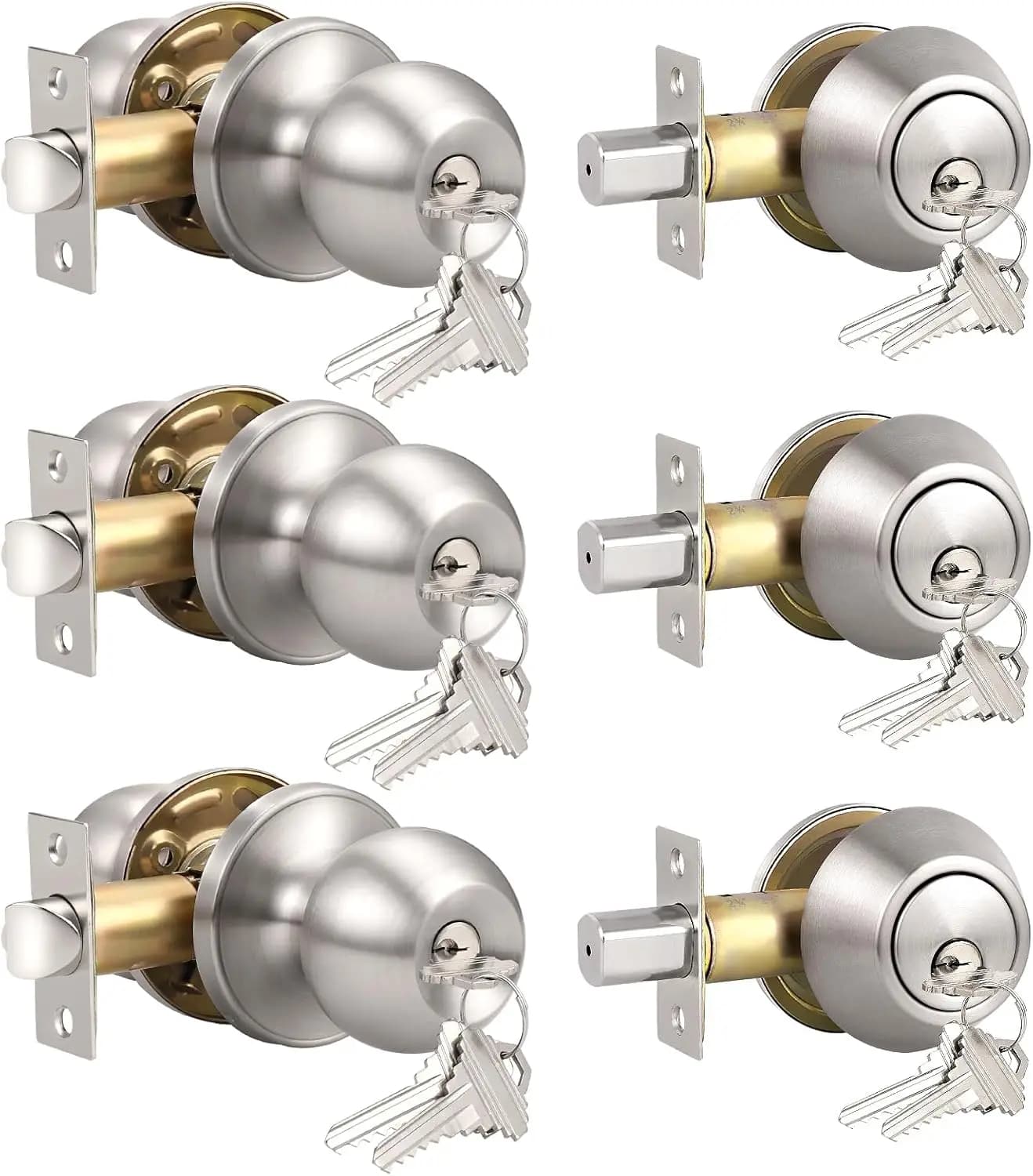 Set di 3 Maniglie per Porta con Serratura Coordinata, Finitura Nichel Satinato per Sicurezza Interna/Esterna