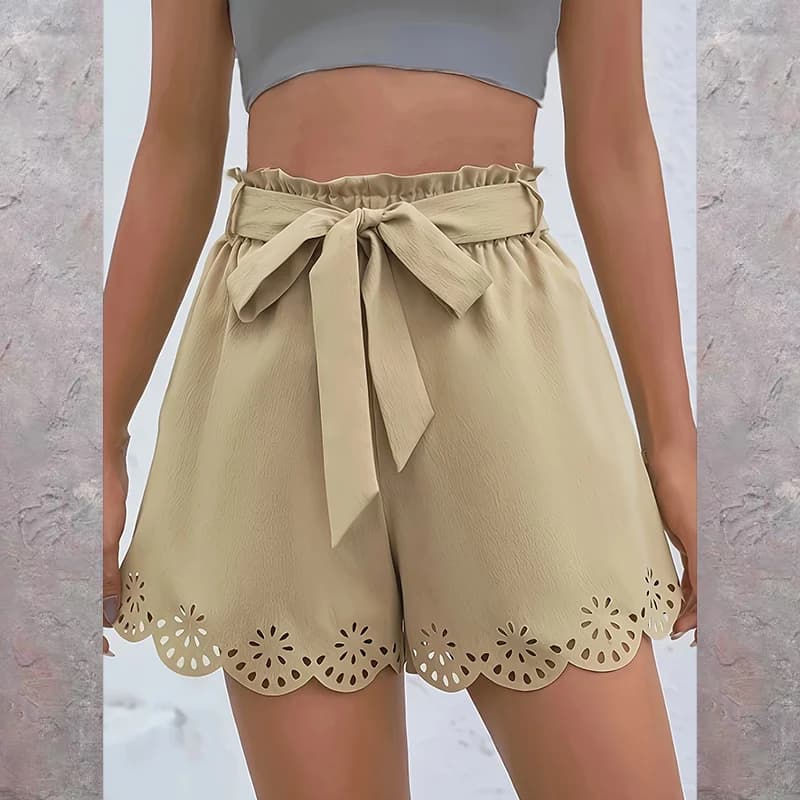Women's Elegant Shorts Solid Color With Corrugated Hem and Decorative Belt