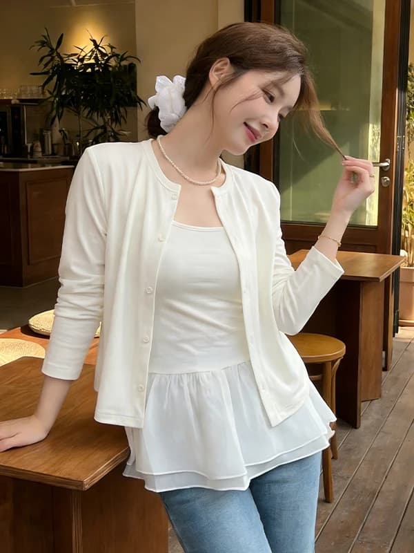 Spring Summer 2026 White round Neck Long Sleeve Blouse And Vest Two Piece Set Women's Fashion Collection Leaf Detail
