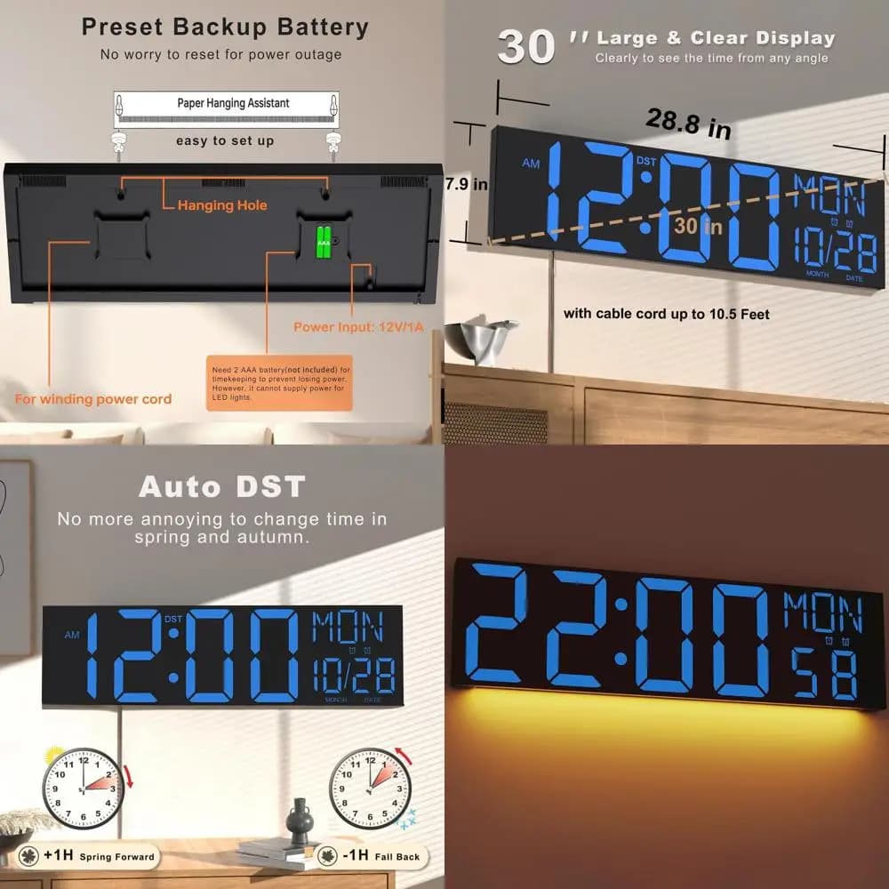 30 Inch Digital Wall Clock with Remote Control, Alarm Clock, LED Display, Rovescia Count, Automatic DST, Temperature - Ideal Gift for Home or Office