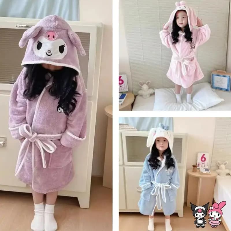 Sanrio Bathrobe for Kids Kuriomi My Melody Cinnamoroll New Kids With Hood Coral Velvet Home Absorbent Fast Drying Hot Dress Gift
