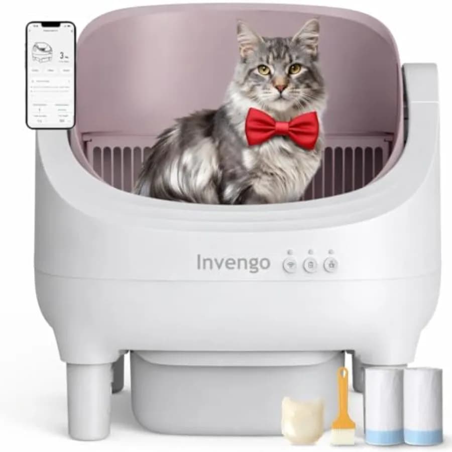 Lettiera Automatica per Gatti Autopulente con Controllo Tramite App, a Tetto Aperto, con Sensori di Sicurezza, Ultra-Silenziosa, Contenitore Rifiuti da 10.5L, Controllo Odori, 2 Rotoli